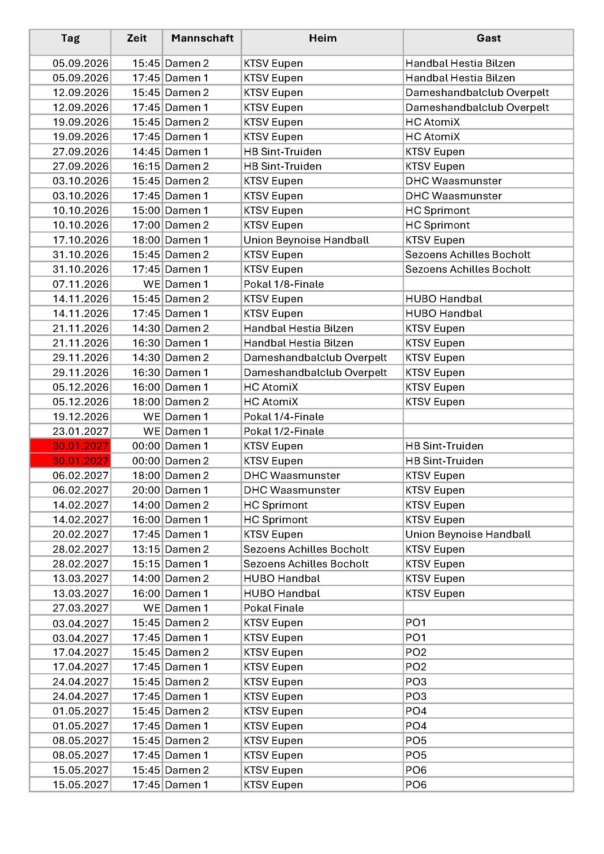 Spielplan Damen 1 und 2 Saison 2026-2027